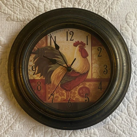 Rooster Wall Clock with Black/Gold Distressed Frame French Country Chic - Picture 2 of 4
